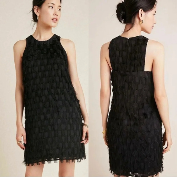 Anthropologie Dresses & Skirts - NWT ANTHROPOLOGIE Women’s Black Roxie Textured Fringe Polka Dot Mini Dress